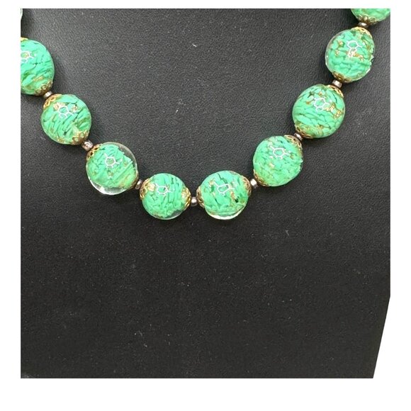 Vintage Murano Venetian Art Glass Beaded Necklace Green Gold Speckled Brass 18